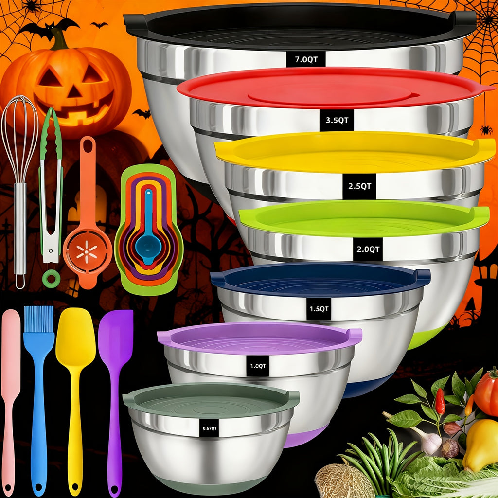 Silicone-Base Nesting Mixing Bowls with Listed Stainless Steel Construction and Lids, Multicolored or Black-8pcs Options for Baking, Food Prep and Serving