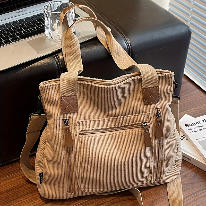 Retro Workwear Corduroy Handbag with Multiple Pockets, Women's Adjustable-Strap Shoulder and Crossbody Bag in Black, Grey or Green for Daily Commuting