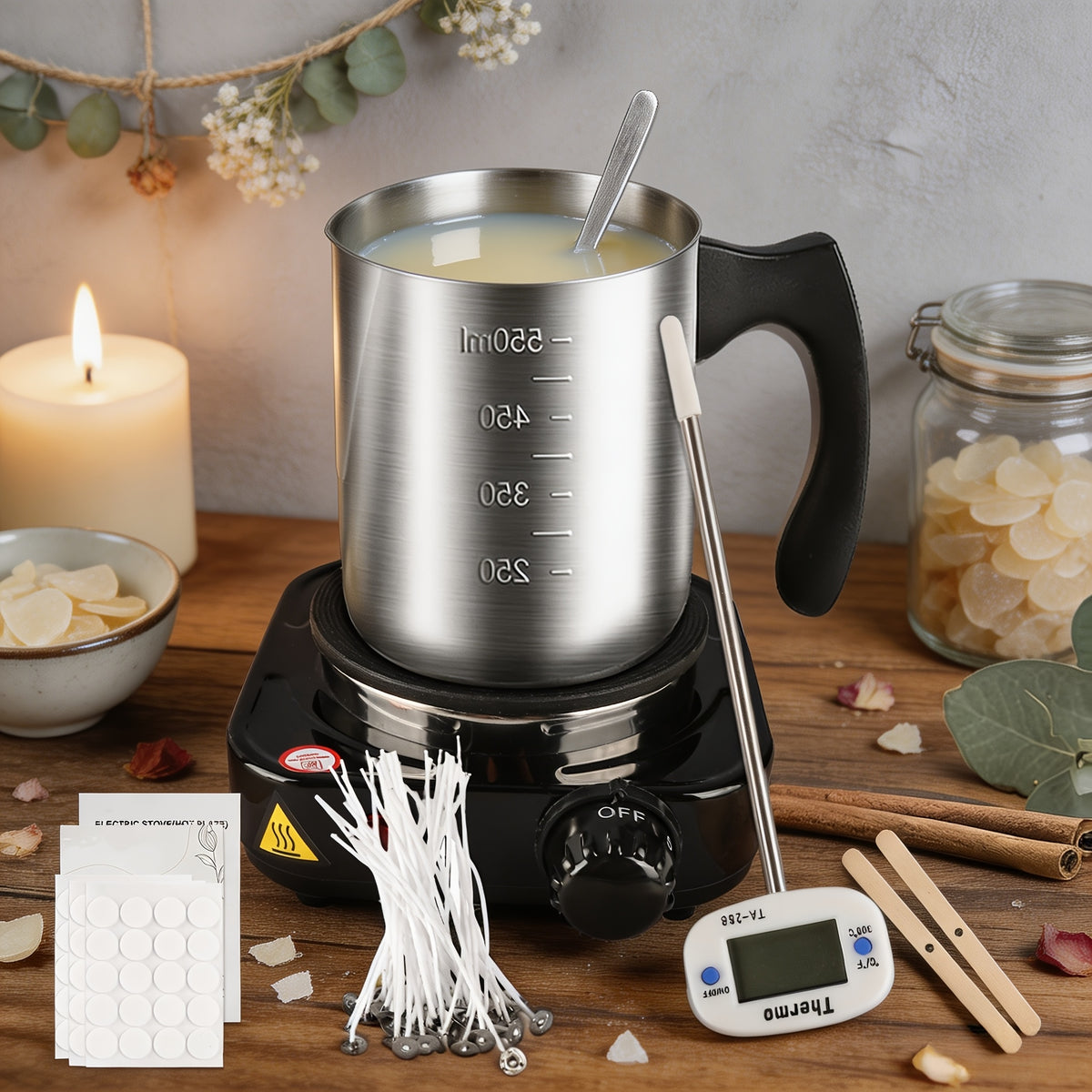 Candle Making Kit with Electric Heater, Listed 2lb Soy Wax, Stainless Steel Pouring Pot, Digital Thermometer and 50 Wicks for Adult DIY Candle Crafts