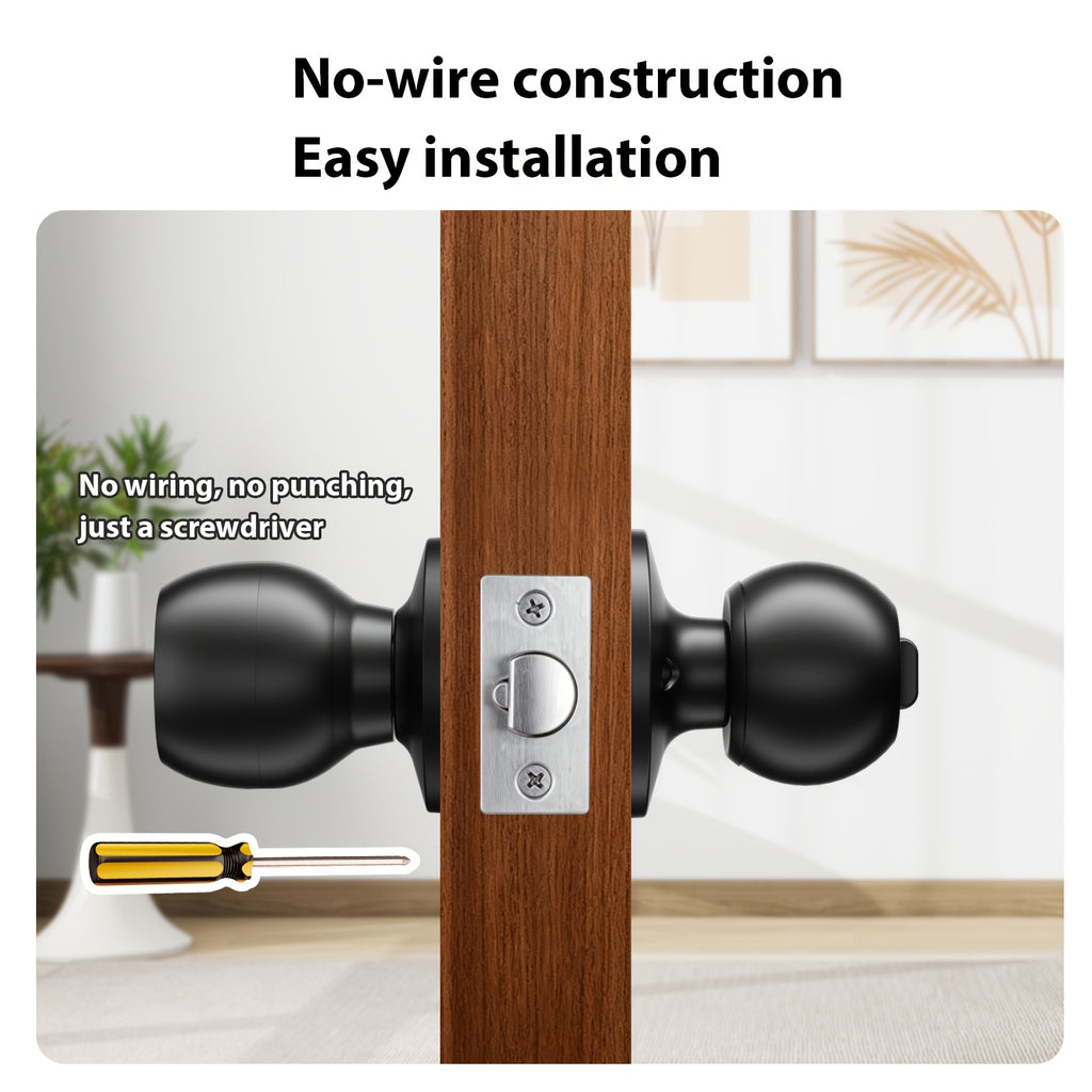Biometric Smart Door Knob Lock in Black with Fingerprint Entry, App-Controlled Wireless Connection and Physical Key Access for Compatible Bedroom, Home and Office Doors