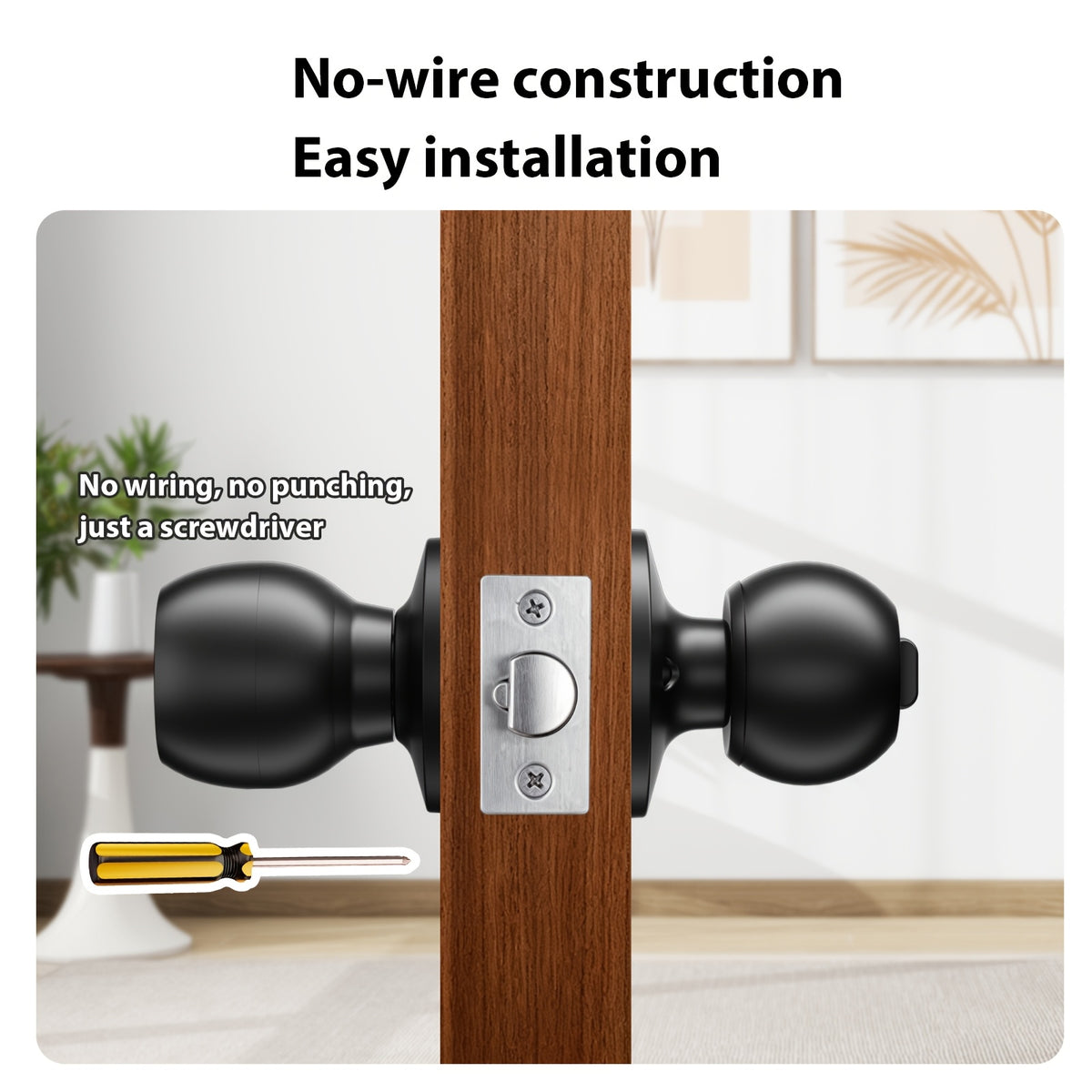 Biometric Smart Door Knob Lock in Black with Fingerprint Entry, App-Controlled Wireless Connection and Physical Key Access for Compatible Bedroom, Home and Office Doors