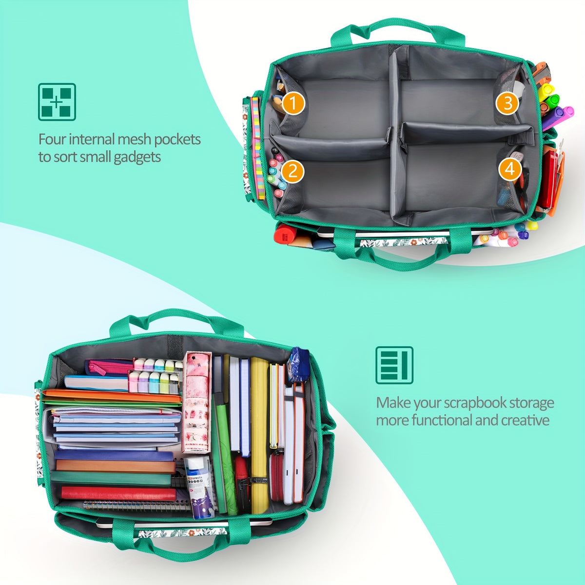 Craft Storage Tote Bag by FINPAC, Spring Floral Polyester Organizer with 12 External Pockets and Carry Handle, 14.5 x 9 x 8 Inches for Sewing and Art, Bag Only
