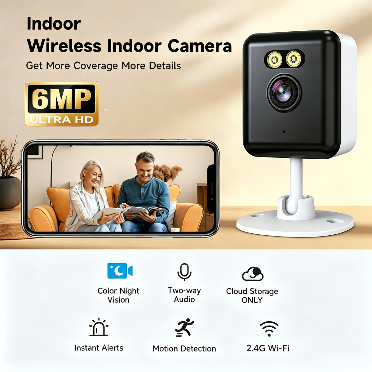 Indoor Security Camera Four-Pack with Listed 6MP Imaging, 2.4GHz WiFi, Two-Way Audio and Color Night Vision, Plus Four 78.74-Inch USB Cables for Home Monitoring