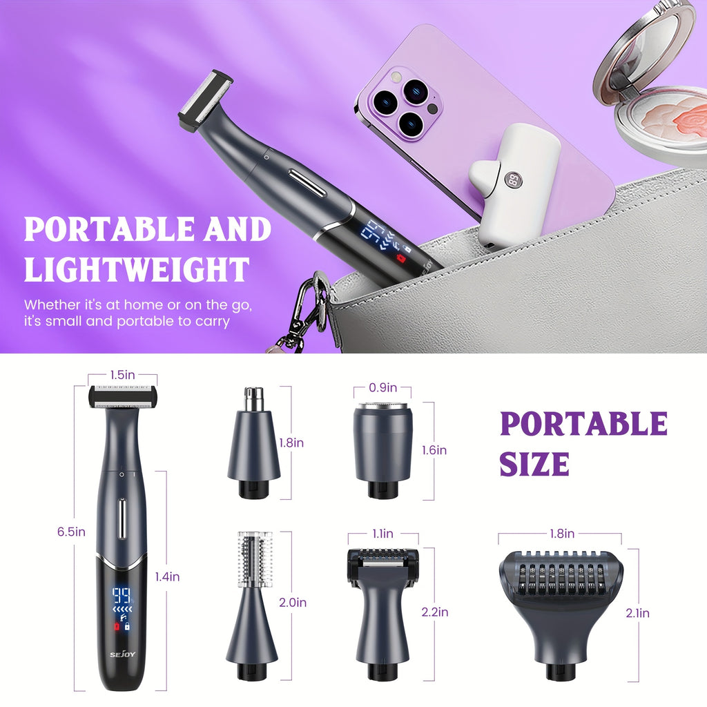 Bikini Trimmer for Women, 4-in-1 Painless Electric Shaver for Face, Eyebrows, Ear and Nose, Cordless Body Shaver with Replaceable Heads for Bikini Line, Arms and Legs, Rechargeable 500mAh, for Travel