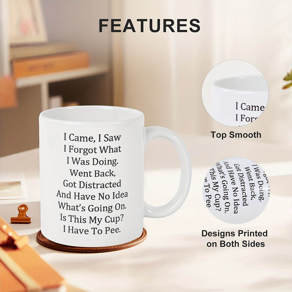 Funny Ceramic Coffee Mug with Double-Sided Letter Print, Single Round Coffee and Tea Cup for Home Coffee Corners, Office Desks and Birthday Gifts