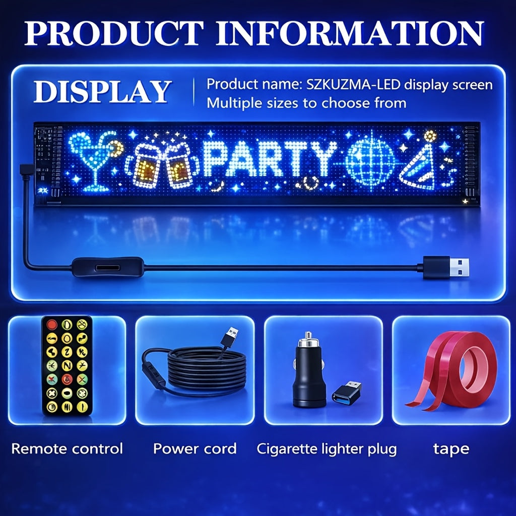App-Programmable LED Message Board with Scrolling Animated Text and USB Power, Listed Car Charger and Adapter, 15 x 4-Inch or 7 x 3-Inch Set Options for Parties