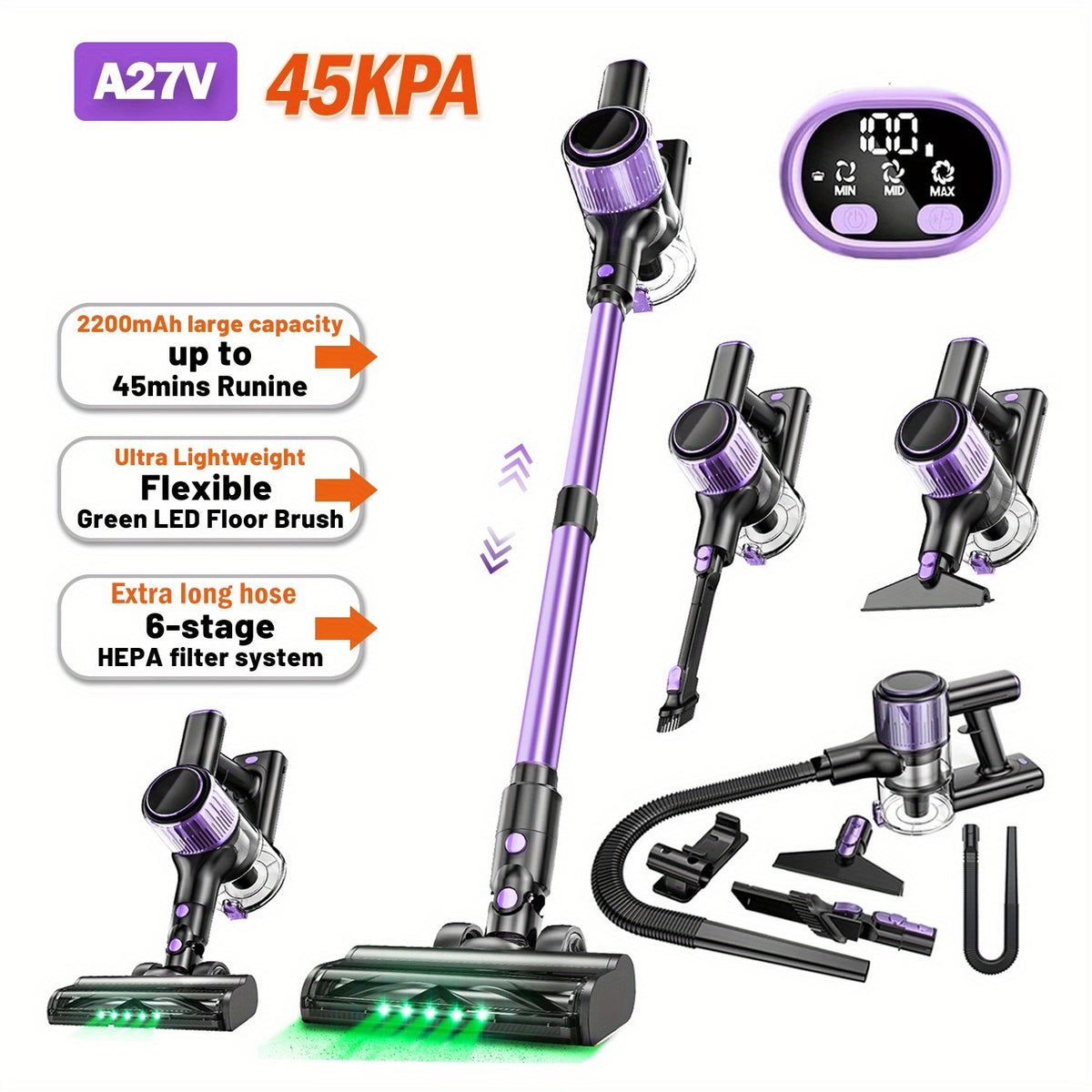 10-in-1 Cordless Stick Vacuum Cleaner, Lightweight Rechargeable Vacuum with Anti-Tangle Roller Brush, Upgraded Green LED Light and 45-Min Runtime, Powerful Suction for Hardwood Floors, Carpet, Pet Hair and Car Interior