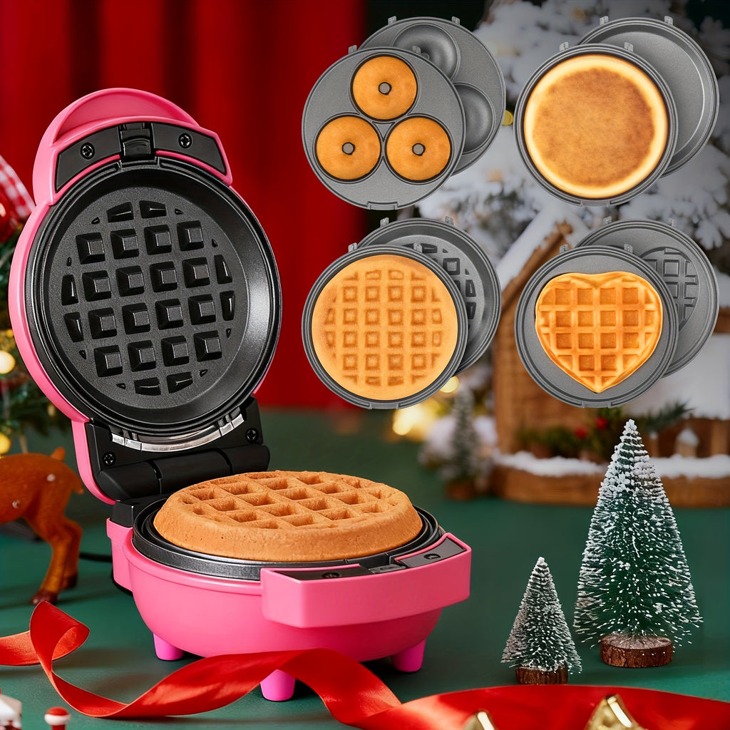 4-in-1 Mini Waffle and Pancake Maker with Removable Plates, Listed Donut and Heart-Shape Functions, Recipe Included, Graphite, Red or Blue for Home Breakfasts