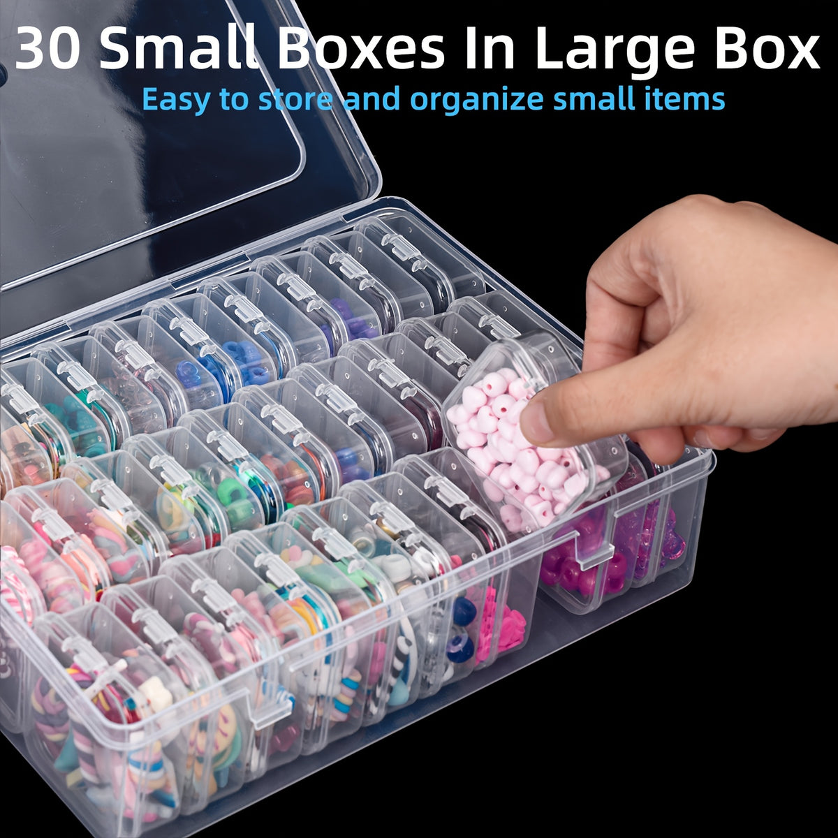 90-Slot Bead Storage Set by TOMNK, Three Clear Stackable Plastic Organizer Boxes with 30 Compartments Each for Jewelry-Making Supplies, DIY Crafts and Small Accessories