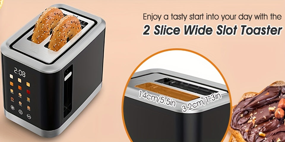 LCD Touchscreen Toaster with Two-Slice Capacity, Six Bread Types and Six Shade Settings, Listed Wide Slots with Bagel, Cancel and Defrost Functions