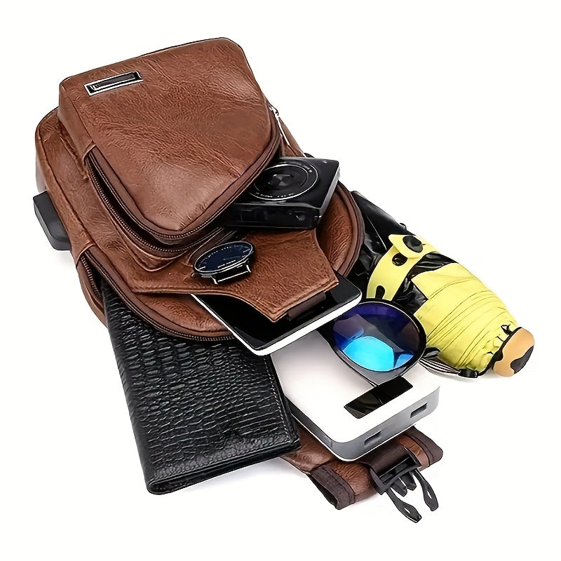 PU Leather Sling Bag for Men and Women with Adjustable Shoulder Strap, Zippered Pockets and Earphone Opening for Daily Walking, Hiking and Travel