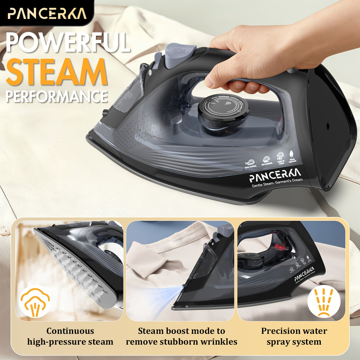 Adjustable Thermostat Steam Iron by PANCERKA, Black Clothes Iron with Listed 1200W Power, Nonstick Soleplate, Variable Steam Control and Overheat Protection Wording