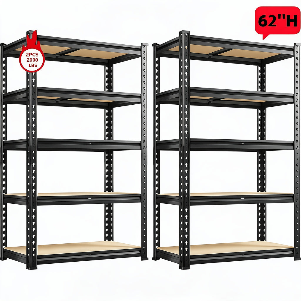 Adjustable Storage Shelving by REIBII with Five Wood-Board Tiers and Black Metal Frame, Garage and Pantry Organizer with Height and Two-Piece Pack Options