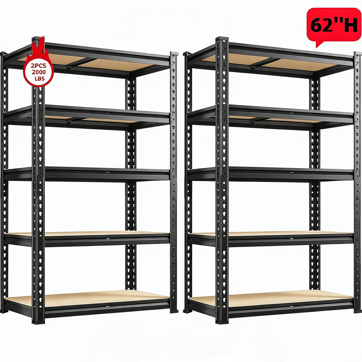 Adjustable Storage Shelving by REIBII with Five Wood-Board Tiers and Black Metal Frame, Garage and Pantry Organizer with Height and Two-Piece Pack Options