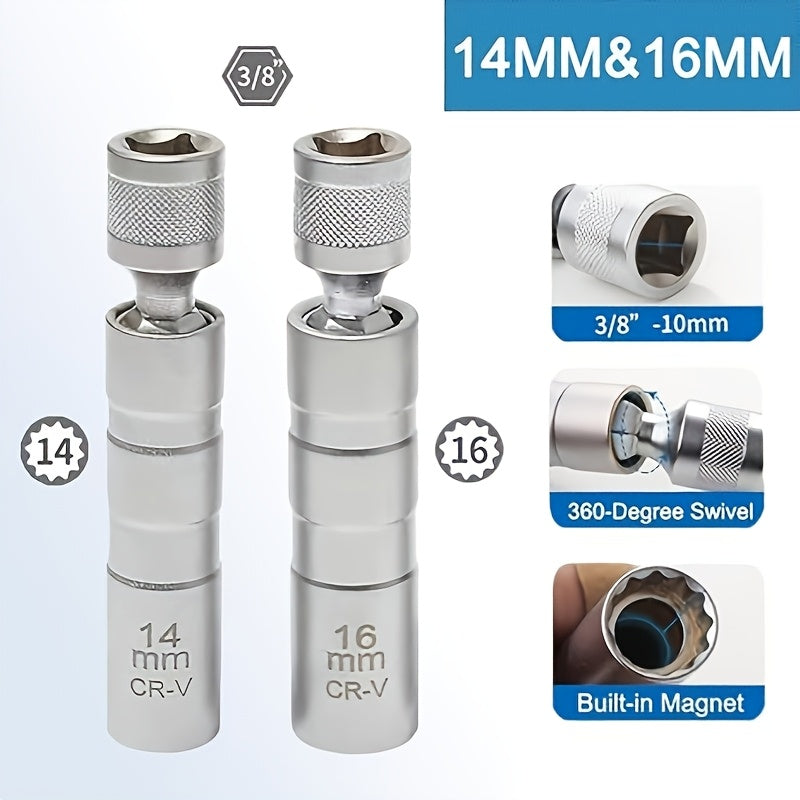 Spark Plug Socket Set with Magnetic Design and Listed 14mm plus 16mm Sizes, Alloy Steel Tool Selection for Compatible Automotive Spark Plug Maintenance