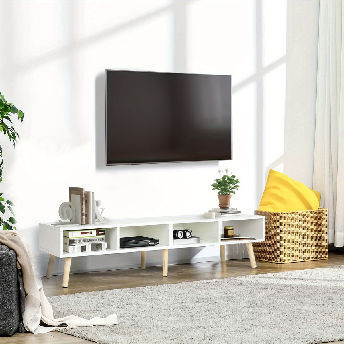 Open Shelf TV Stand with Listed 59-Inch Size and 30–65-Inch Television Compatibility, White or Black Options for Living Room Media Storage and Entertainment Setups