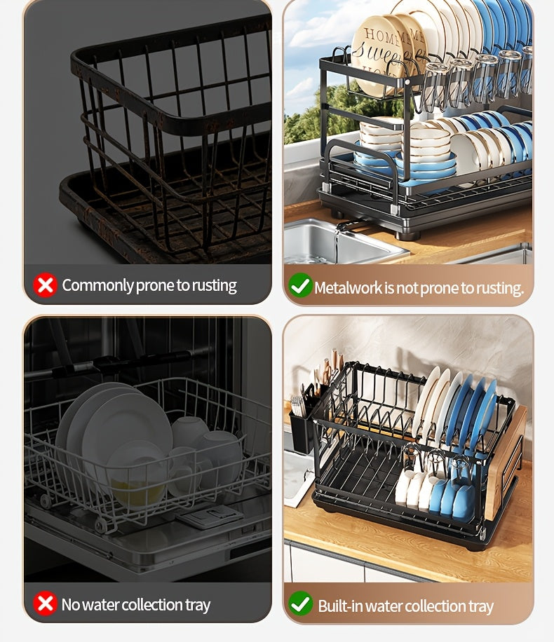 Metal Countertop Dish Rack for Kitchen Tableware Organization, Two-Tier Painted Rack Design with Utensil Holder Reference and Black, Dark Grey or Base Options