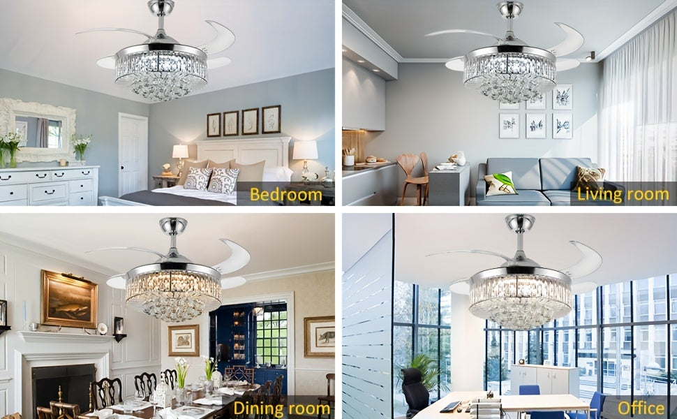 Crystal Style Ceiling Fan Light in Silvery with Three Light Tones, Remote Light Control, Six Fan Speeds and Reversible Airflow for Bedroom and Dining Room Decor