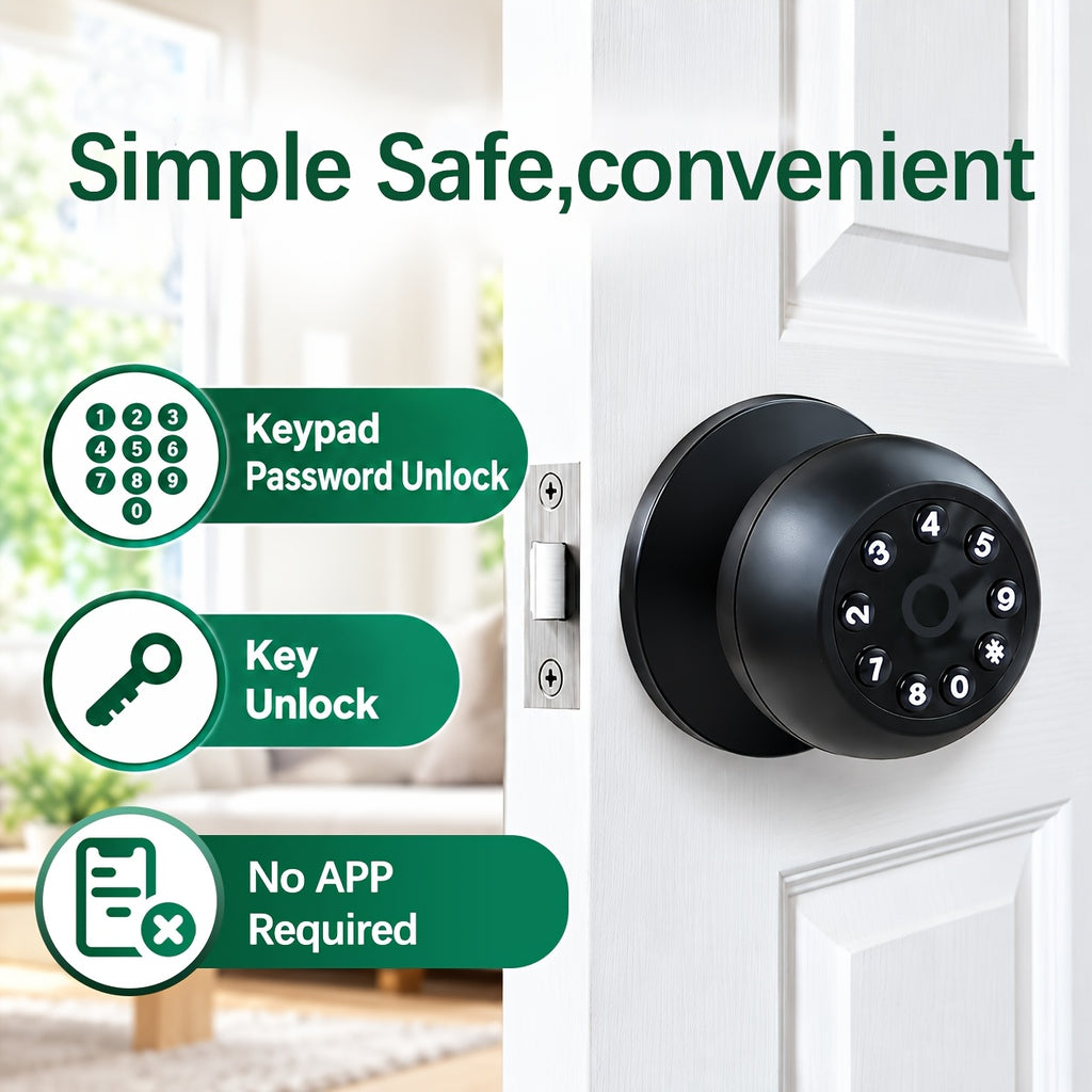 Keypad Door Knob Lock with Listed Keyless Entry, Mechanical Key Backup, Auto-Lock and Passage Mode, No App Required or Black Option Labels