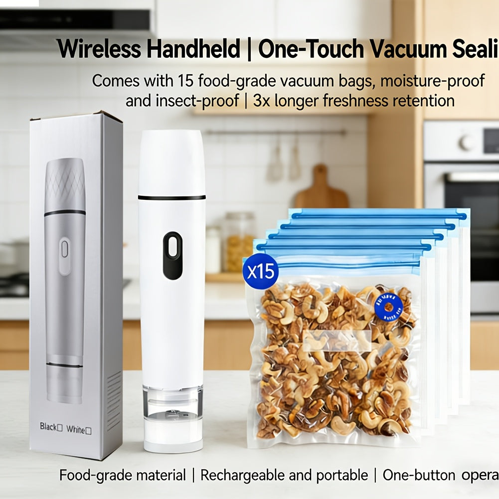 Handheld Vacuum Sealer Machine with 15 Vacuum Bags, Powerful Portable Food Vacuum Sealer for Food Storage and Preservation, Rechargeable Vacuum Sealing Machine for Kitchen and Travel