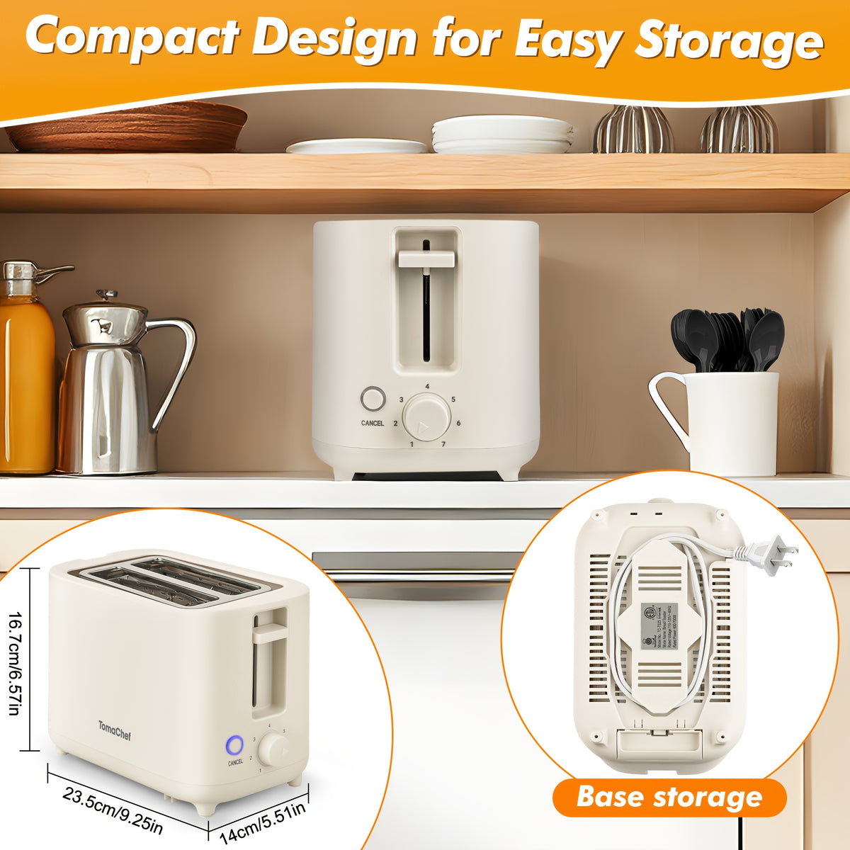 Compact 2 Slice Toaster by TomaChef, 700W with 7 Browning Settings and Removable Crumb Tray for Bread, Bagels and Waffles, Pitch-Black or Off-White