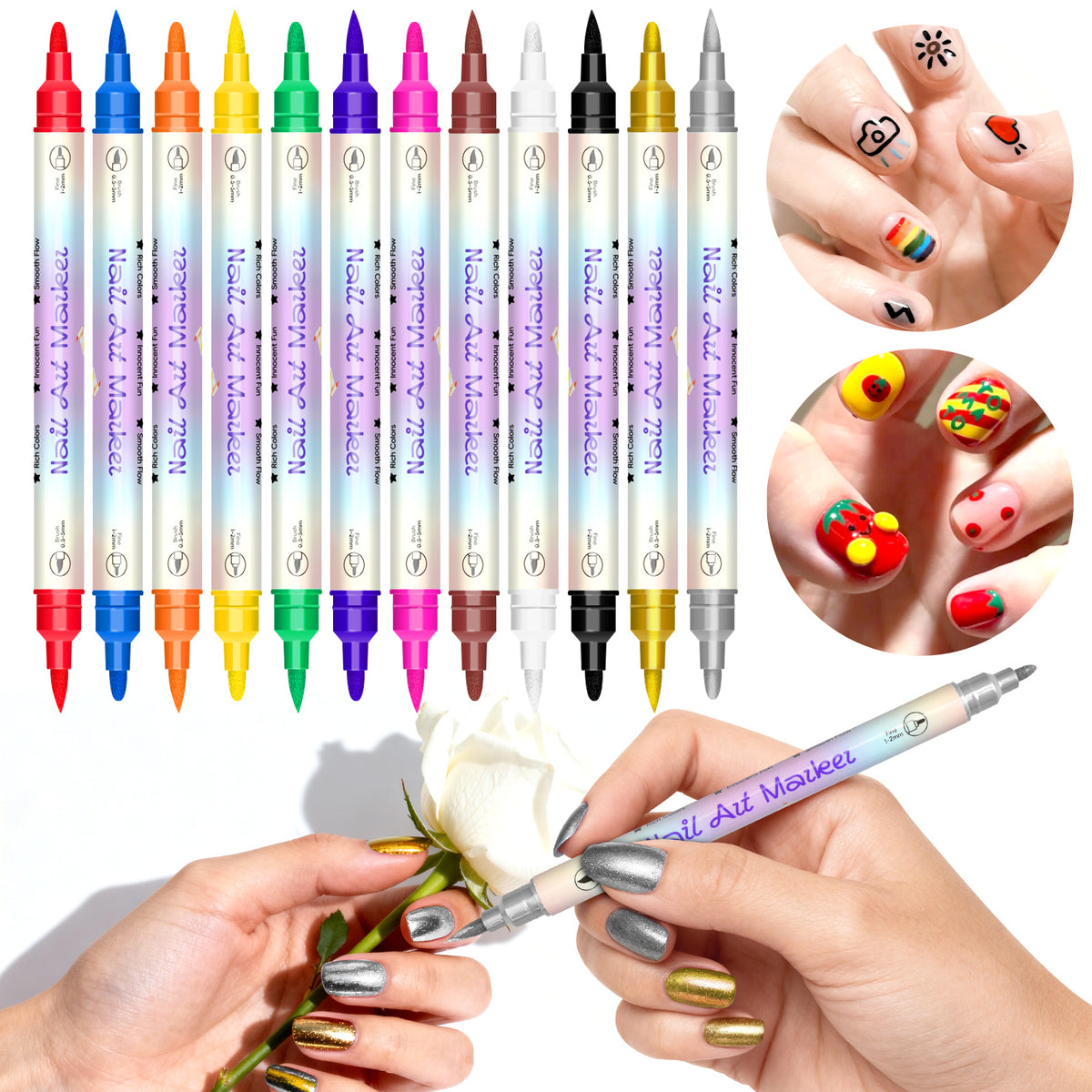 Dual-Tip Nail Art Markers 24-Piece Set, 12 Metallic and 12 Dopamine Color Acrylic Paint Pens for Graffiti-Inspired DIY Manicure Designs at Home or Salon