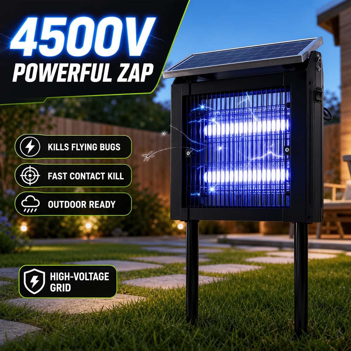 Solar Bug Zapper with Listed 4000mAh Battery and Two Modes, Single Rechargeable Portable Insect Trap for Instruction-Approved Patio, Garden and Camping Use