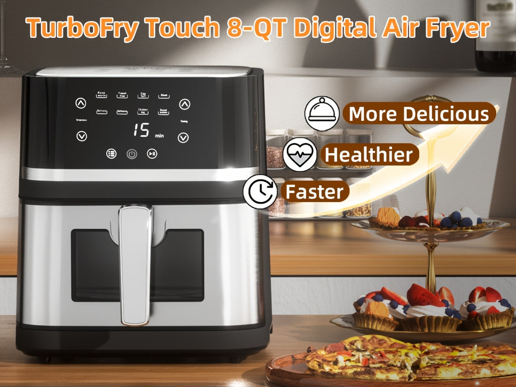 8Qt Digital Air Fryer, Stainless Steel 8-in-1 Cooker with Viewing Window, Touchscreen and 180-400°F Temperature, Dishwasher-Safe Non-Stick Basket, Large Family Size for Indoor Cooking, Black