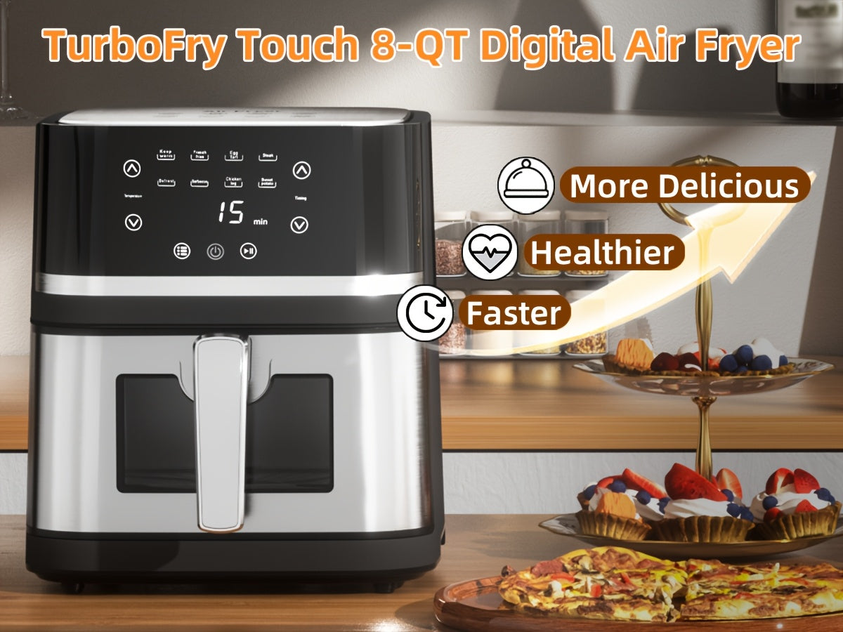 8Qt Digital Air Fryer, Stainless Steel 8-in-1 Cooker with Viewing Window, Touchscreen and 180-400°F Temperature, Dishwasher-Safe Non-Stick Basket, Large Family Size for Indoor Cooking, Black