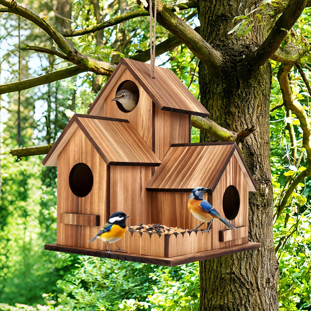 Hanging Bird House with Three Listed Openings and Artificial Wood Material Reference, Garden Shelter Design for Decorative Yard Displays and Birdwatching Areas