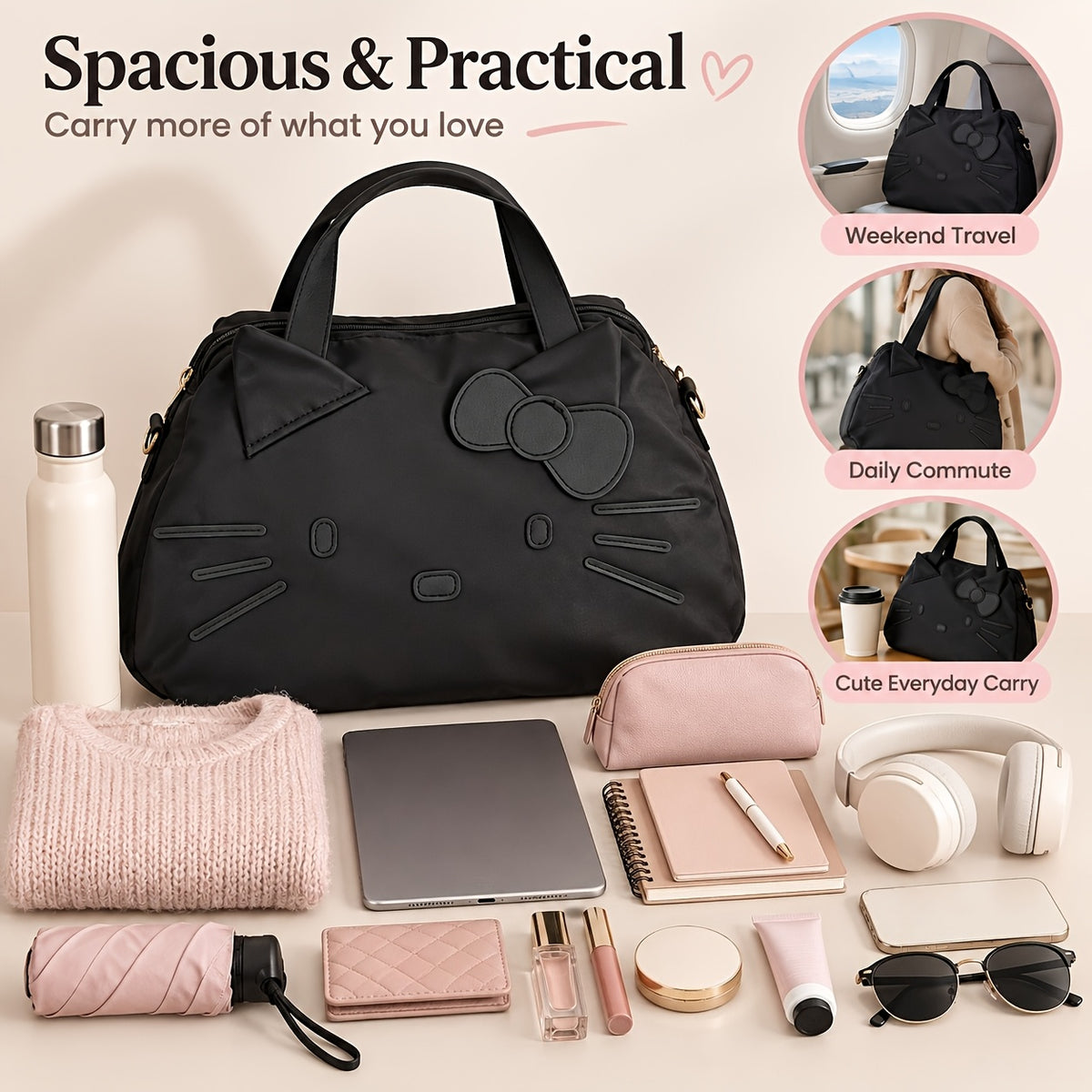 Bow Decorated Nylon Tote Bag with Hello Kitty Theme, Shoulder and Crossbody Carry for Daily Commutes, Gym Visits and Weekend Travel