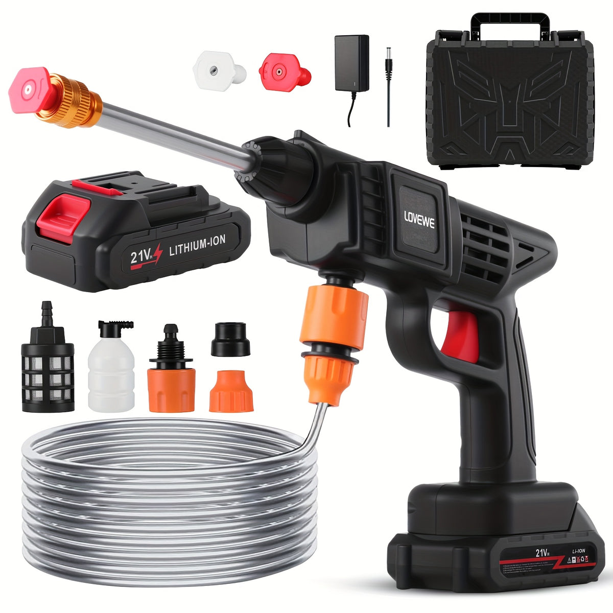 Six-in-One Nozzle Car Washer by LOVEWE, Cordless Rechargeable Cleaning Tool with Listed 300W and 1.3GPM, One or Two Battery and Upgrade Options for Yard Tasks