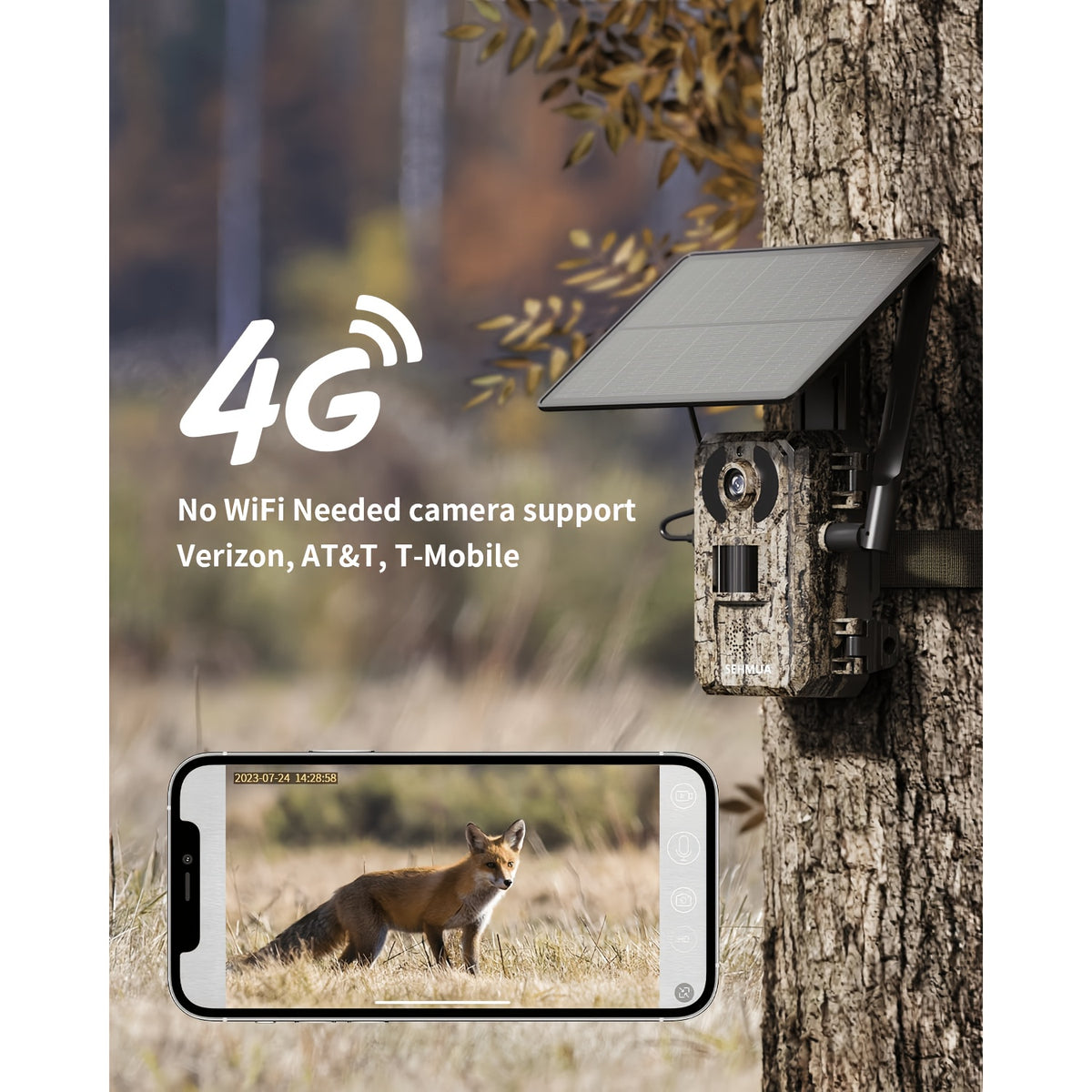 4G LTE Trail Camera with Solar Panel and SIM Card, HD Live View, 0.2s Motion Trigger and Low-Glow Night Vision for Wildlife, One to Three Camera Options