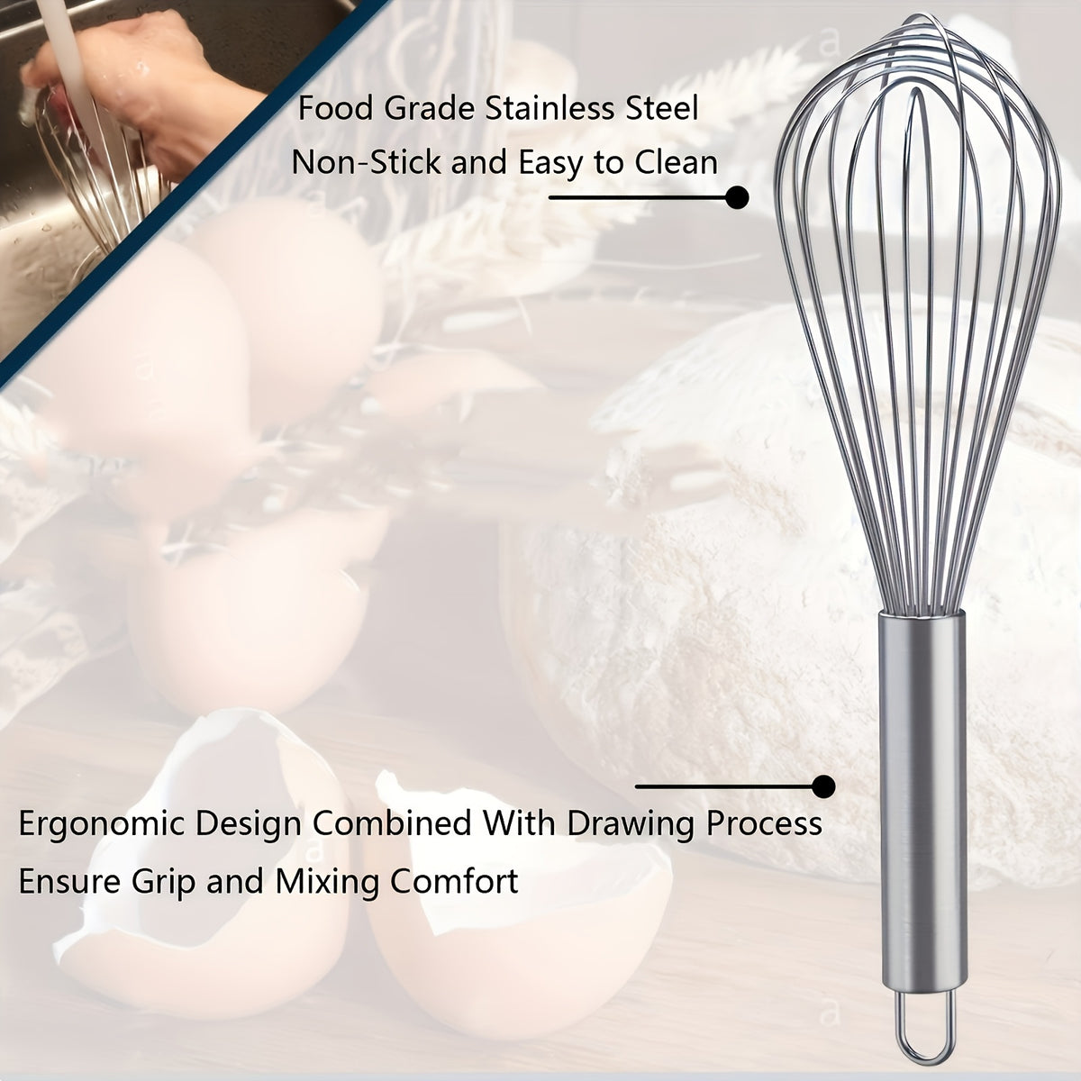 Stainless Steel Whisk Set of Three Manual Mixing Tools for Beating Eggs, Stirring and Blending Ingredients in Everyday Home Cooking and Baking