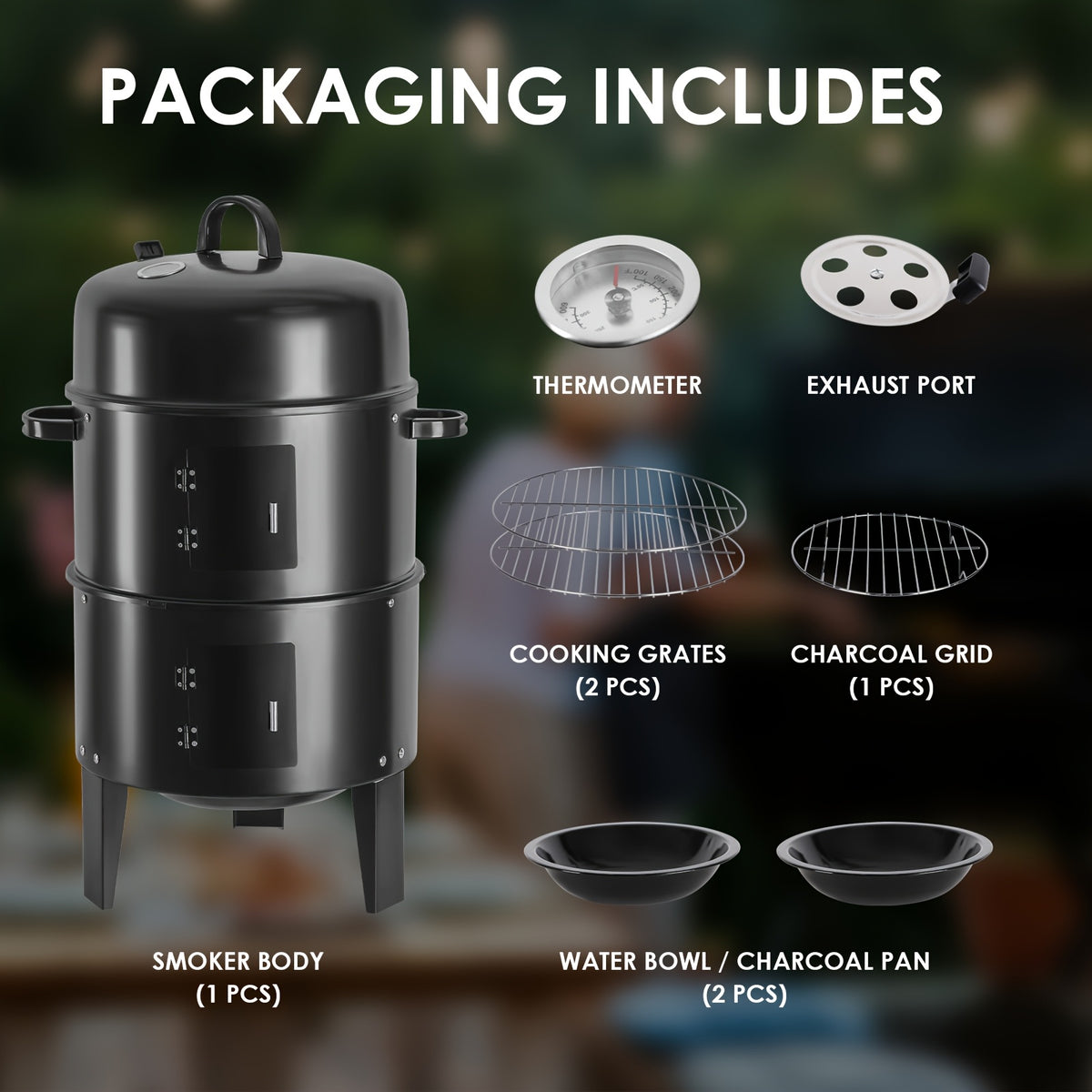 Vertical Charcoal Smoker Grill, Black 16-Inch Three-Tier Outdoor Cooker with Listed 400-Square-Inch Cooking Area and Two BBQ Tongs for Backyard Cookouts