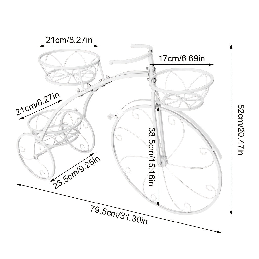 Tricycle Plant Stand in Black or White with Three Iron Pot Holders, Decorative Bicycle Flower Display with Fixed Wheels for Home and Suitable Patio Spaces