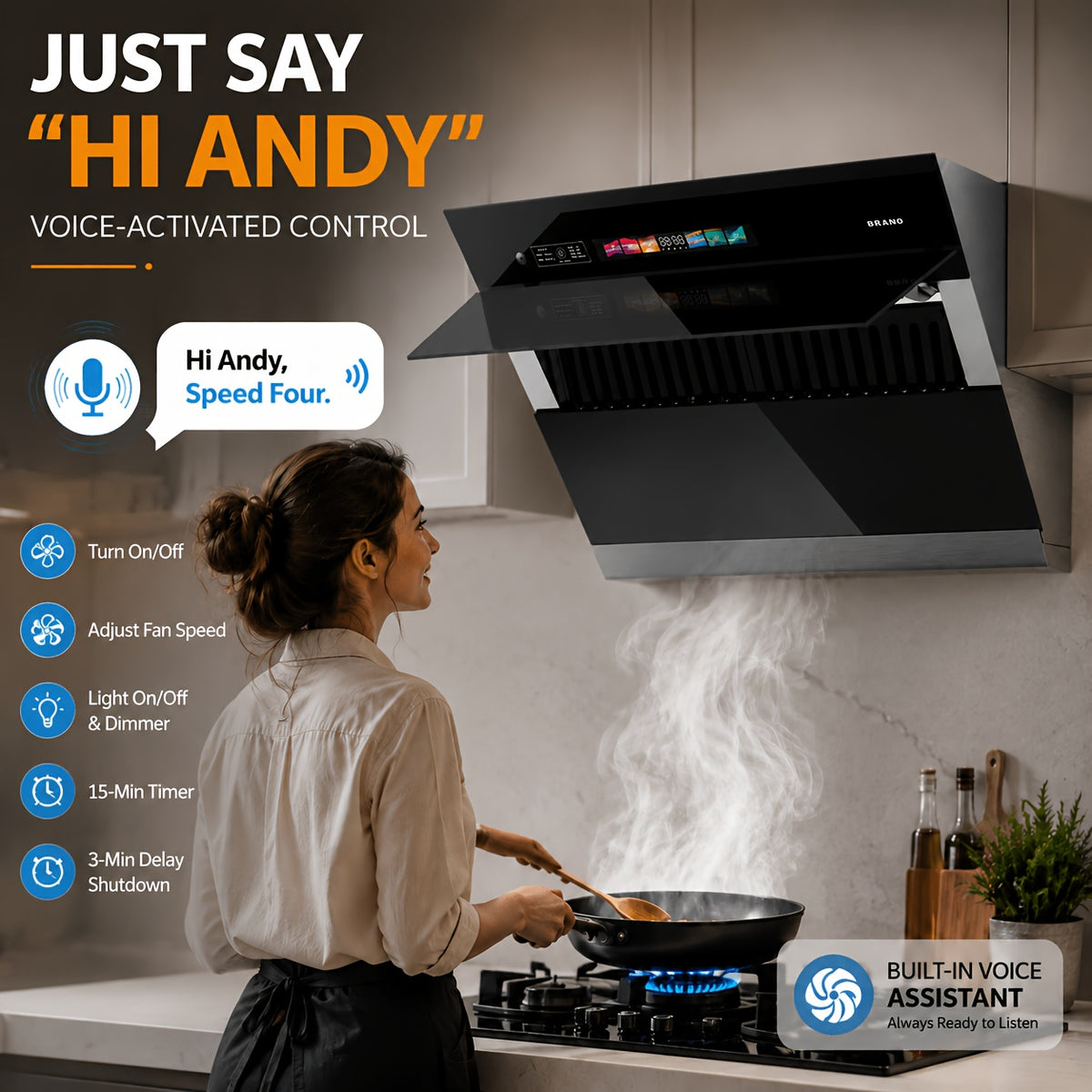 Under-Cabinet Side-Draft Range Hood by BRANO with Voice, Gesture and Touch Controls, Four Fan Speeds and Stainless Steel Filters, 30 or 36 Inch Options