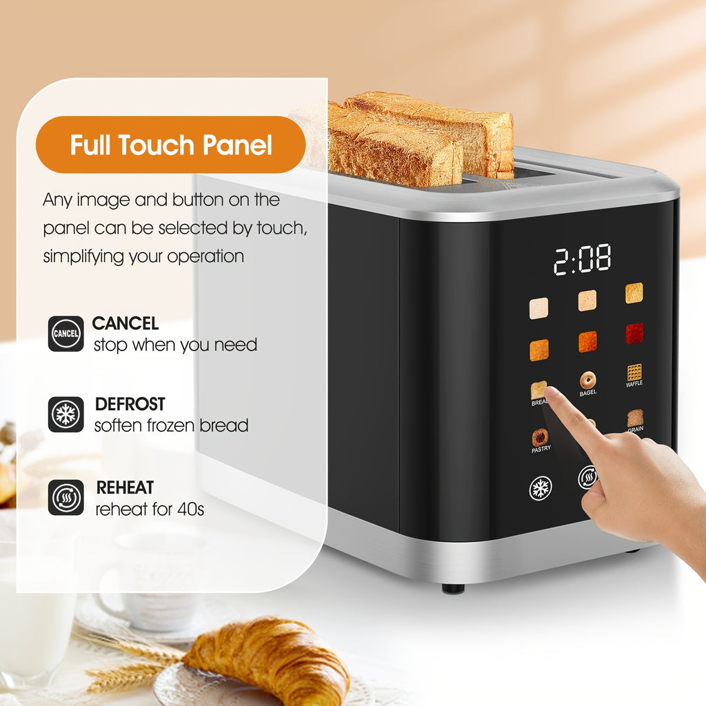 Black Touchscreen Two-Slice Toaster with Listed 1.5-Inch Wide Slots, Cancel and Defrost Functions for Compatible Bread and Bagels, Adjustable Toast Setting Wording