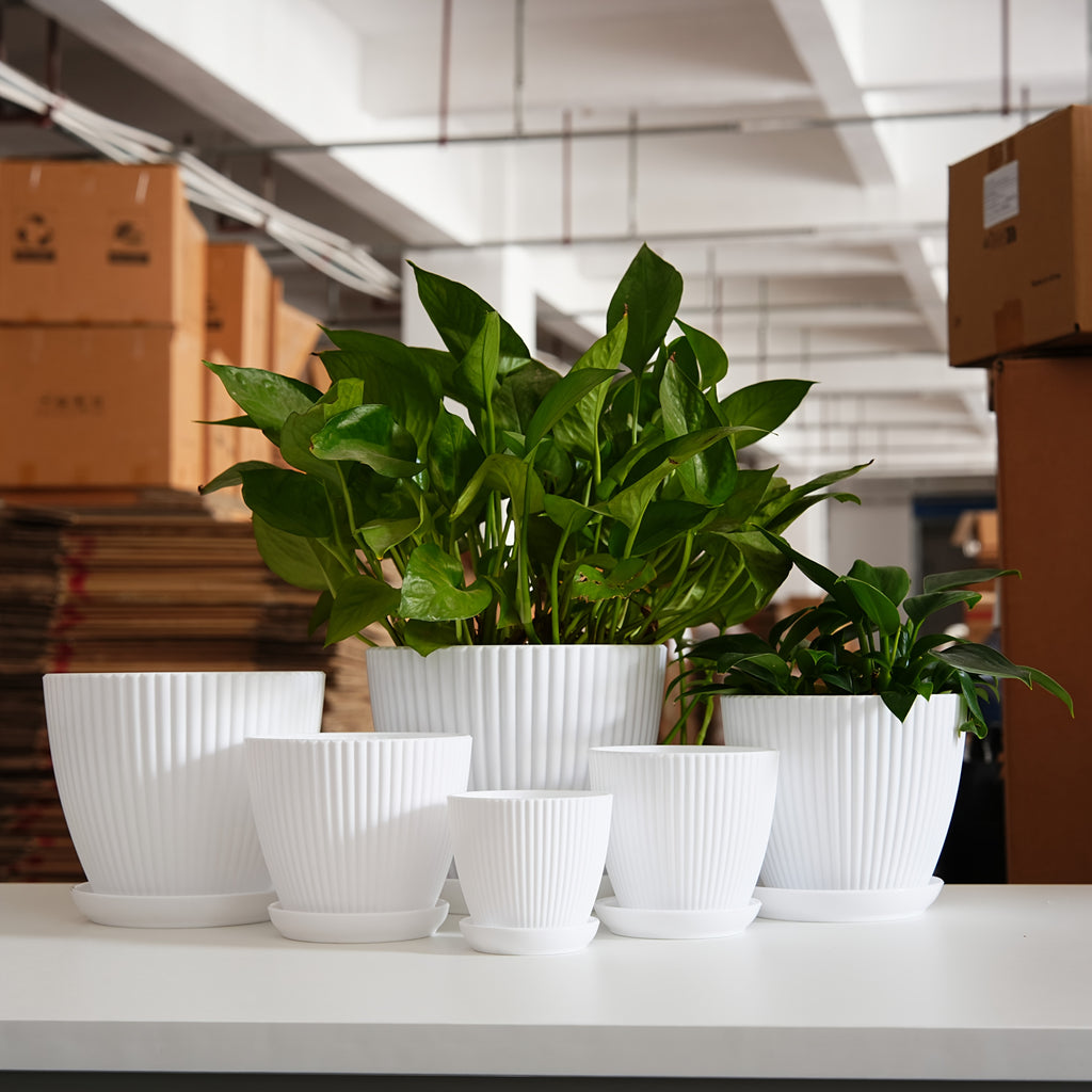 Resin Planter Pots Set with Listed Six-Pack Assortment and 3.5 to 7.5-Inch Size Labels, White, Light Green or Dark Blue Options for Indoor Plant Displays