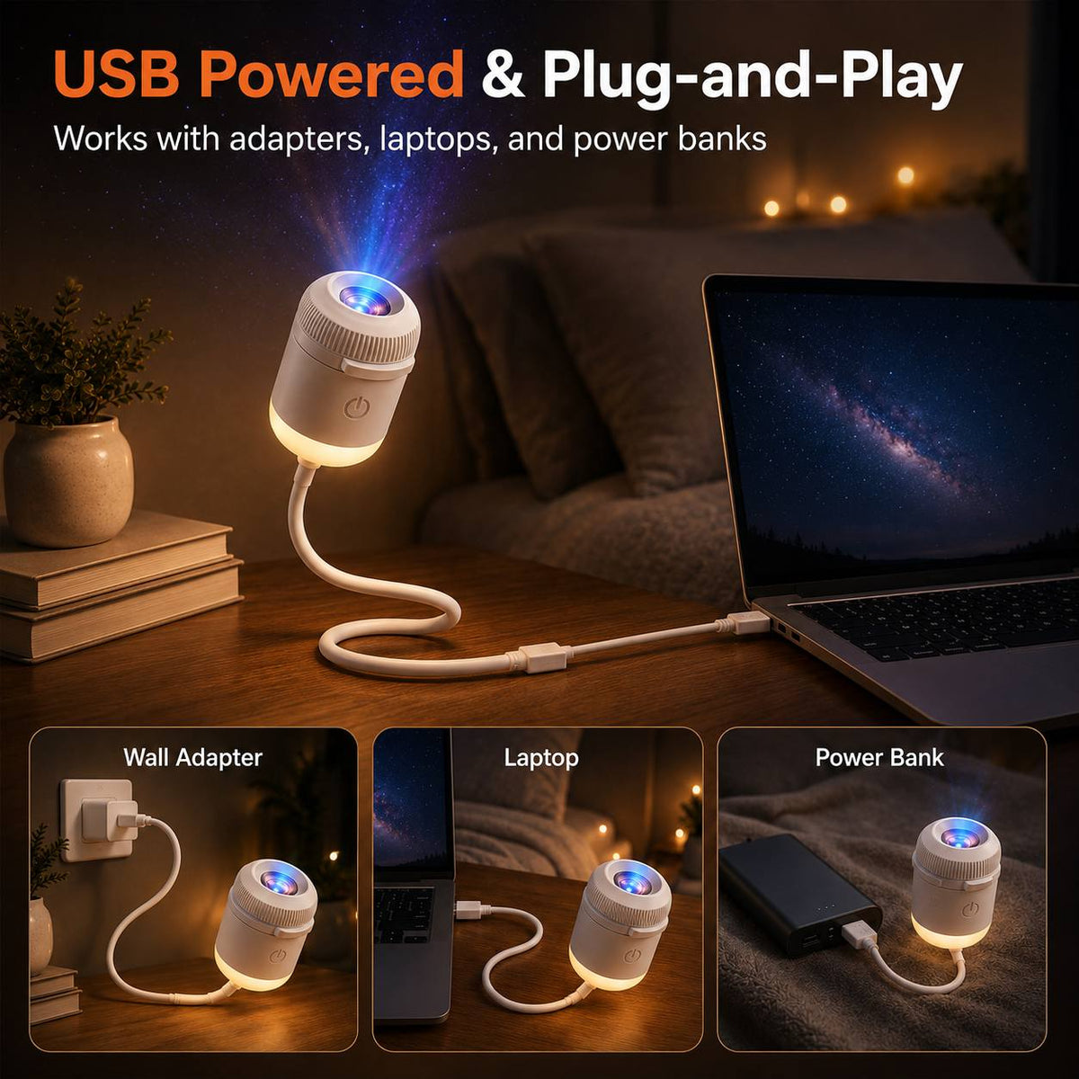 Star Projector Night Light with Static Galaxy Effect, USB-Powered Mini LED Lamp with Adjustable Brightness for Bedroom Ceilings, Walls and Cozy Indoor Decor