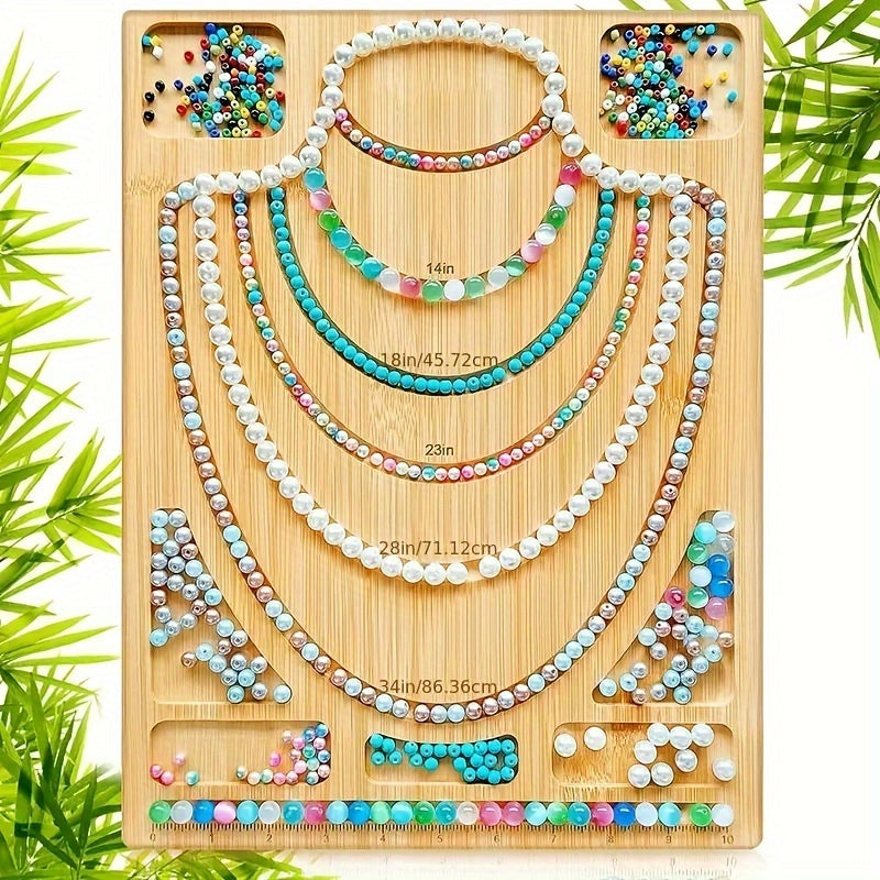 Bamboo Bead Design Board, Apricot Jewelry Layout Tray with Engraved Measurement Markings and Storage Grooves for Planning Bracelets and Necklaces