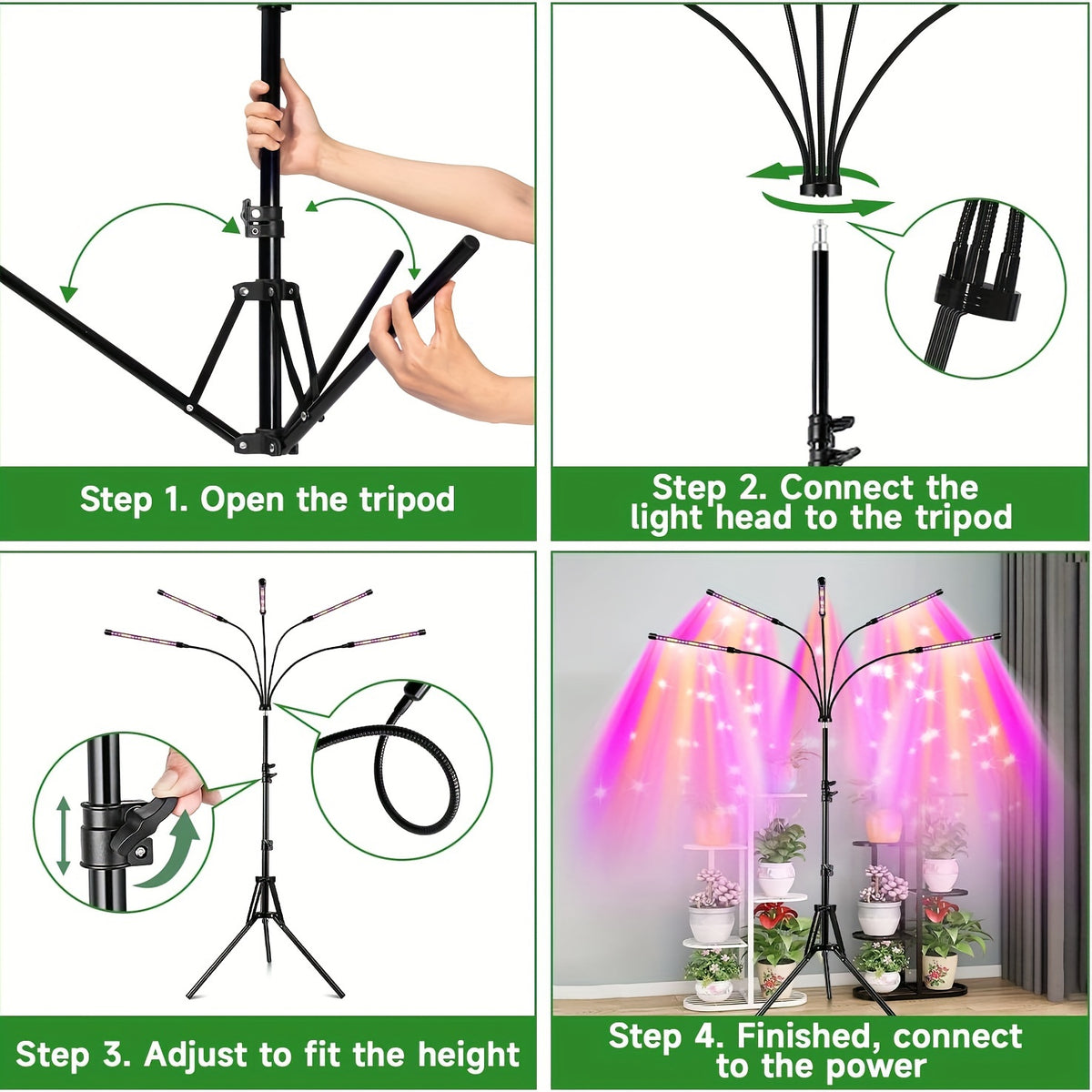 Tripod Grow Light for Indoor Plants with Remote Control, Auto On/Off Timer and Listed Red Blue White Spectrum, Four-Head or Five-Head Model Options