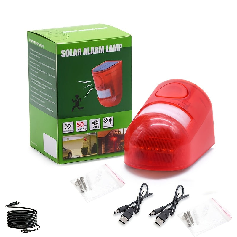 Solar Motion Sensor Alarm 2-Pack with Listed 129dB Siren and 6-LED Flashing Strobe, USB Rechargeable Outdoor Alert Devices for Yard, Farm and Garage Areas