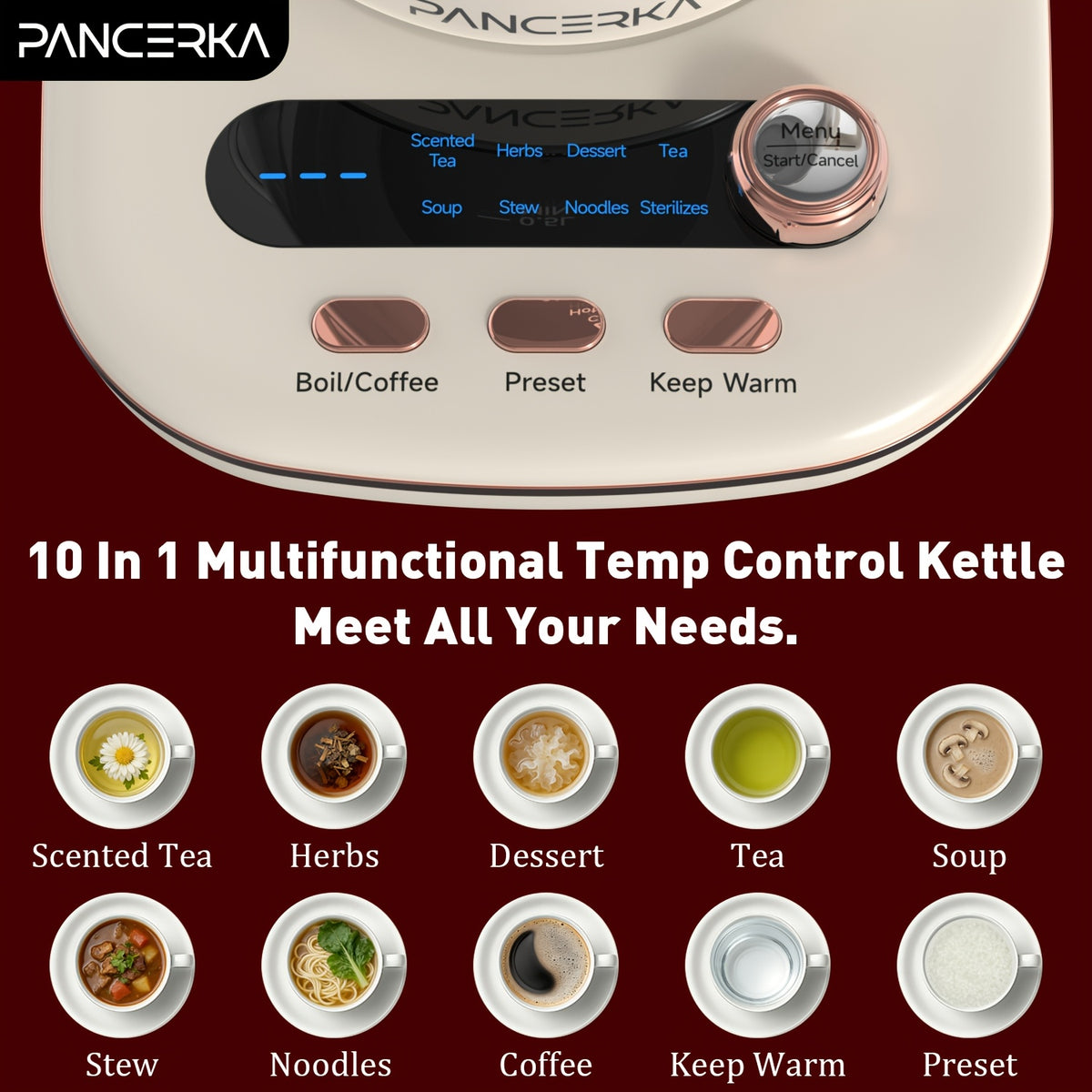 Electric Glass Tea Maker by PANCERKA, 1.8L Multifunction Kettle with Infuser and Detachable Filter in Beige for Home Tea Brewing & Kitchen Use