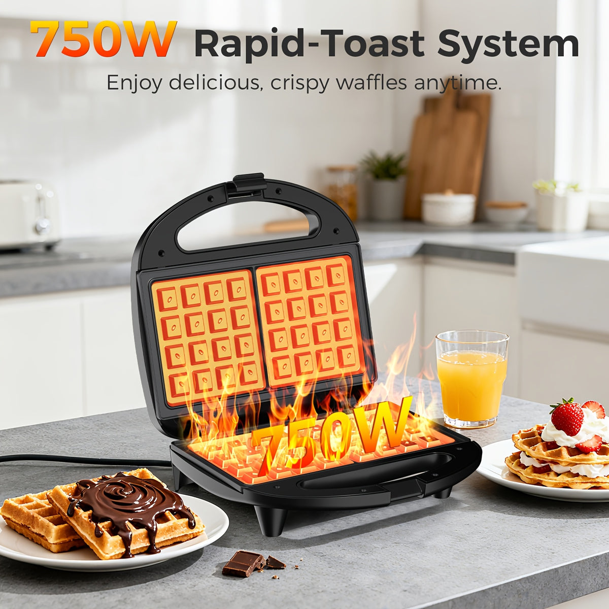 Two-Slice Belgian Waffle Maker with Listed 750W Power, Nonstick Waffle Iron and Indicator Lights, ABS07-W-Waffle Plates Model for Home Breakfasts and Snacks