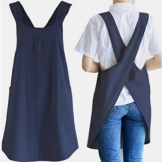 Women's Vintage Kitchen Apron with Adjustable Strap and No-Tie Closure, Solid Color Retro Cooking Apron in Grey, Mint Green or Blue Navy for Everyday Home Tasks