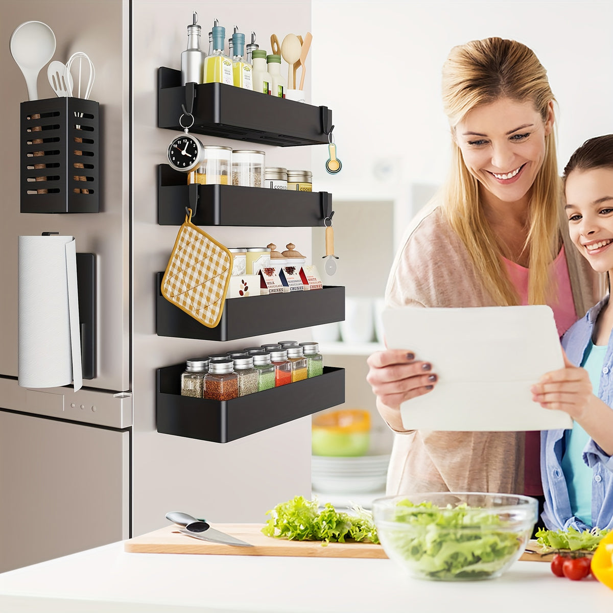Magnetic Refrigerator Spice Organizer Set with Five- or Six-Piece Options, Small Square Box or Tissue Holder Configurations and Listed Four Hooks for Kitchen Storage