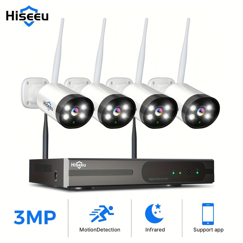 Hiseeu Wireless NVR Security Camera System with Four Listed 3MP Cameras, 10-Channel Recorder, Color Night Vision, Two-Way Audio and Dual-Band WiFi