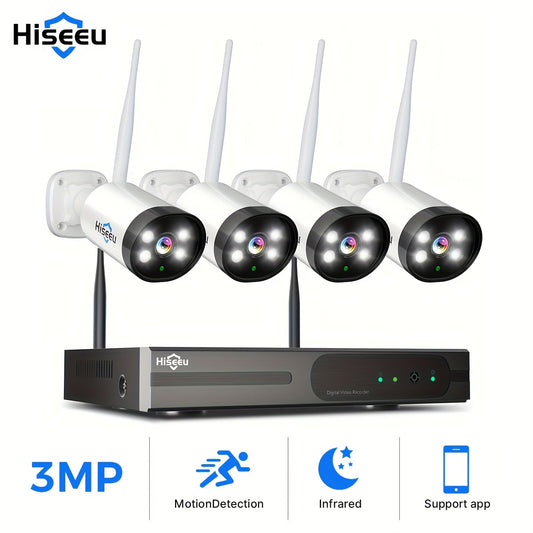 Hiseeu Wireless NVR Security Camera System with Four Listed 3MP Cameras, 10-Channel Recorder, Color Night Vision, Two-Way Audio and Dual-Band WiFi