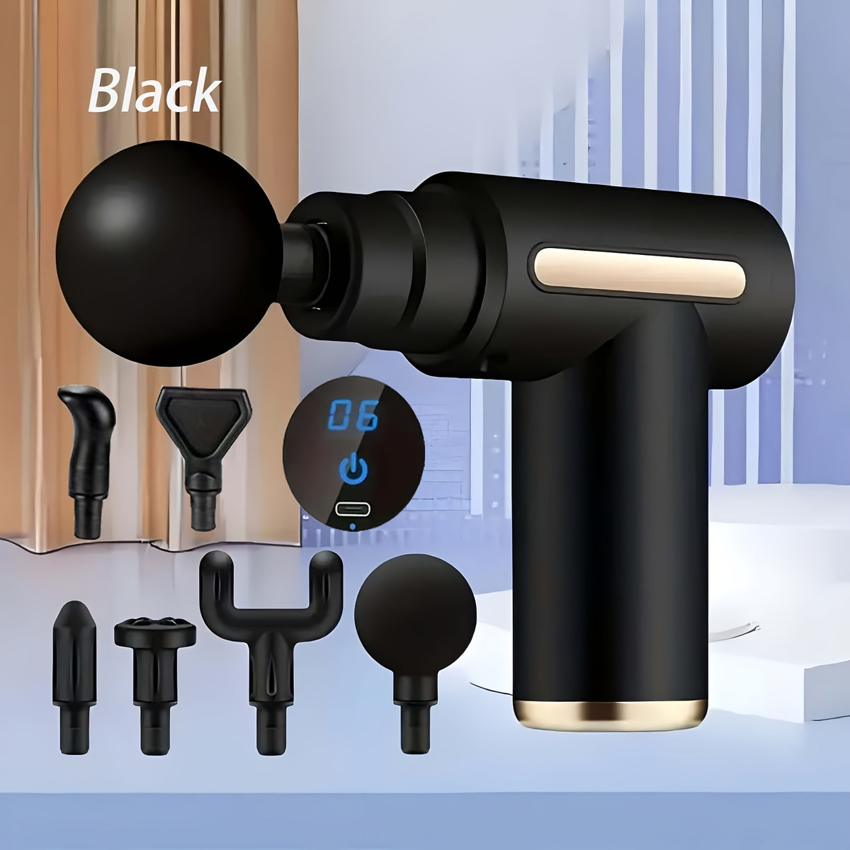 Six-Speed USB Rechargeable Massage Gun with Four Interchangeable Heads and Listed Lithium Battery, Black, Grey, Red or Green for Personal Massage Routines